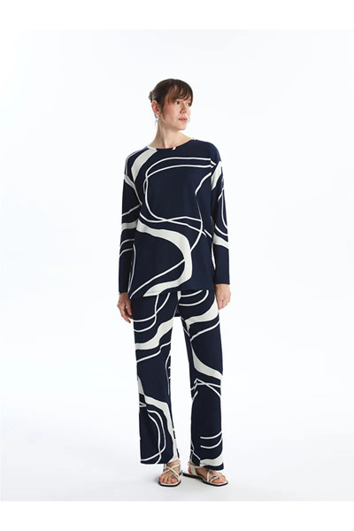 LC Waikiki Lcwaikiki Basic Khaki Elastic Waist Patterned Wide Leg Women's Tro...