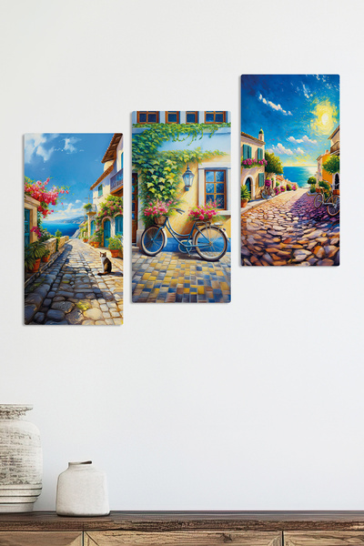 Zevahir Mobilya Dekorasyon Denize Çıkan Arnavut Kaldırımlı Sokak Manzara 3 Parça Mdf Tablo