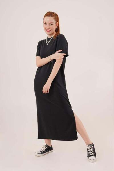 Modayakamoz Rochie neagră maxi lejeră cu mânecă scurtă, cu detaliu cu fante