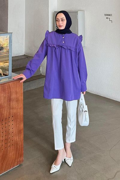 lamelif Judge Collar Front Pleated Tunic Purple