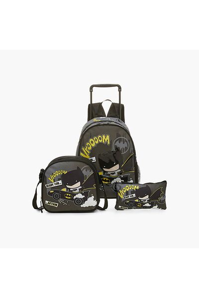 Warner Bros Batman Print Trolley Backpack with Lunch Bag and Pencil Pouch - 13 inches