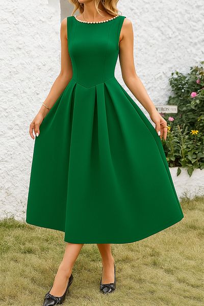 Deafox Green Pearl Λεπτομερές Αμάνικο Αμάνικο Φόρεμα Midi με Ανοιχτή Πλάτη