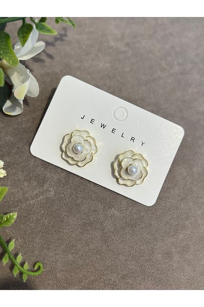 BEREN KILIÇ Gold Cream Steel Earrings with Rose Motif and Pearl Detail
