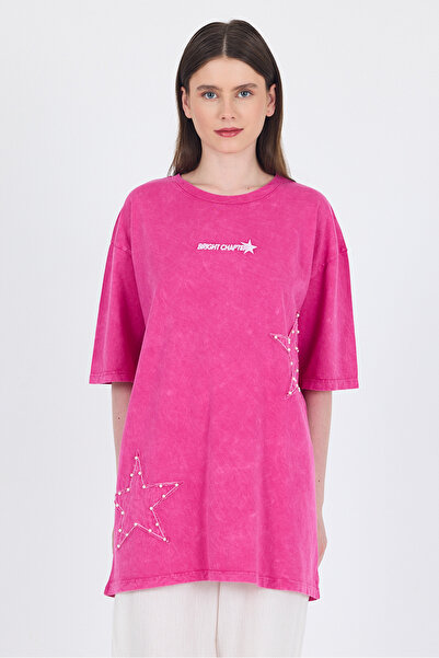 Rays Φούξια μπλουζάκι με κέντημα με μαργαριτάρια αστέρια 253018