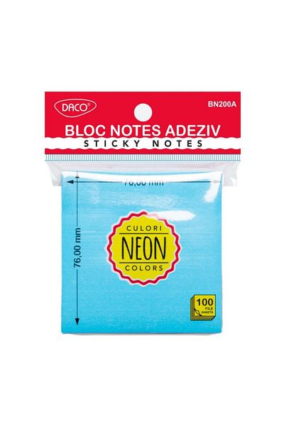 daço Sticky Notes Pad Neon Blue Adhesive Daco, Size 76x76 mm, 100 Files