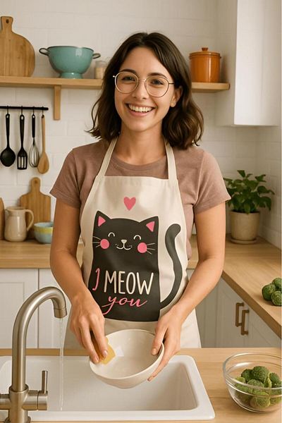 MODALİN I Meow You Kitchen Apron with Cat Pattern, Liquid Proof Cute Design