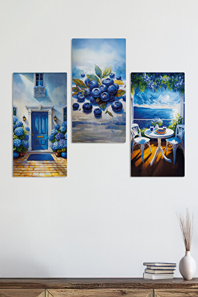 Zevahir Mobilya Dekorasyon Yaban Mersini Mavisi Gün batımı Manzara 3 Parça Mdf Tablo