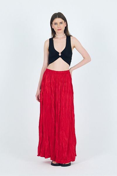 Rays Red Elastic Waist Wrinkled Fabric Skirt 3483