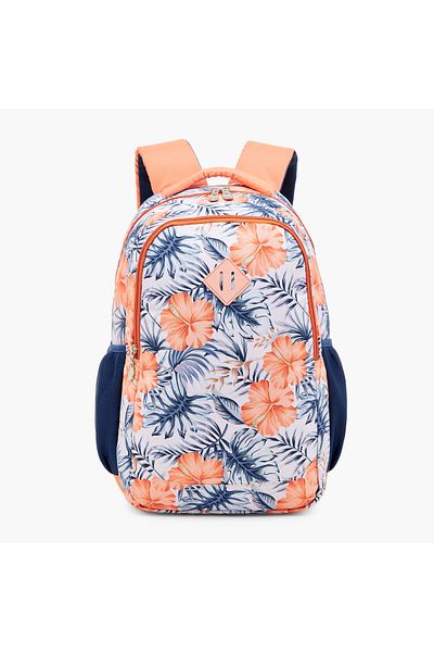 Juniors Floral Print Backpack with Adjustable Straps and Zip Closure- 16 Inches