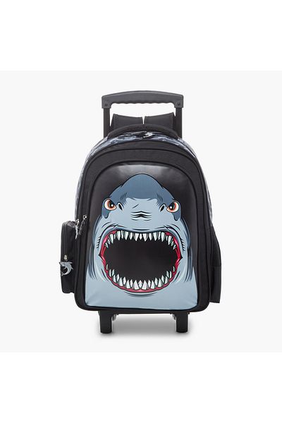 Juniors Shark Print Trolley Bag with Retractable Handle and Zip Closure - 14 inches