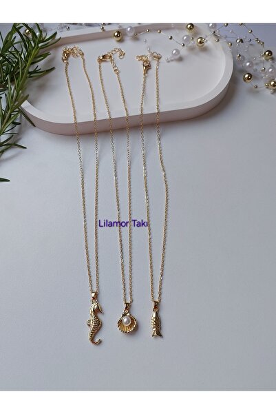 Lilamor 3'lü Charm Kolye, 3'lü Kolye Seti, Denizatı, İnci, Balık Kombin Kolye