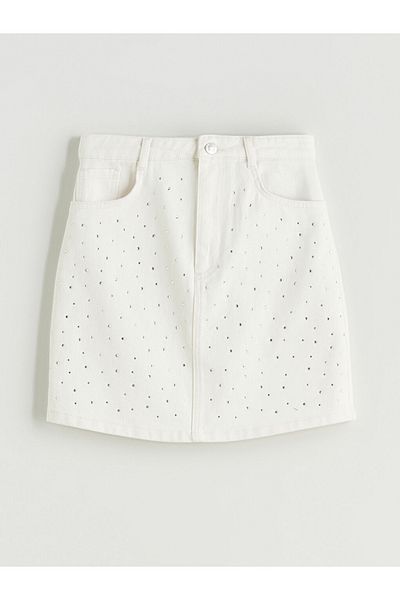 LC Waikiki Standard Pattern 100% Cotton Denim Fabric Girl's Jean Skirt with Adjustable Elastic Waist Inside