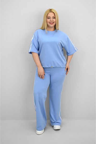 Koza Butik Women's Plus Size Stripe and Waist Drawstring Detail Short Sleeve Tracksuit Set 8197-25