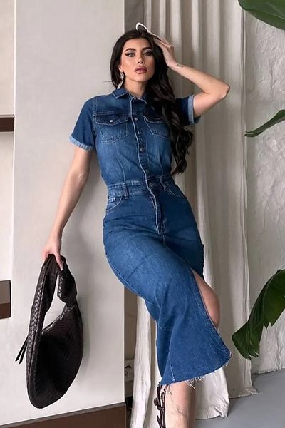 Neşeli Butik Women's Slit Pocket Detail Denim Dress Nbnp005