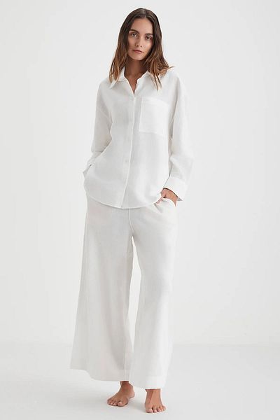 Penyemood Women's Linen Home and Outerwear Set – White Shirt and Trousers Summer Combination C3T4N69