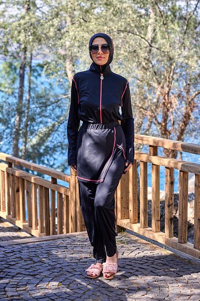 NS TASARIM MAYO Powder Stripe Design Hijab Jumpsuit Swimsuit with Lycra Modular Skirt