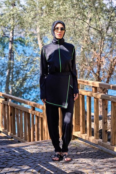 NS TASARIM MAYO Yellow Striped Design Hijab Jumpsuit Swimsuit with Lycra Modular Skirt
