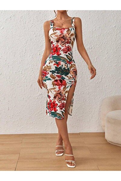 BAYAN Rochie de scafandru cu bretele pentru femei, cu decolteu pătrat, cu fantă, cu imprimeu floral