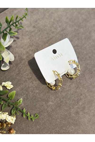 BEREN KILIÇ Gold Pearl and Zircon Stone Hoop Earrings Steel Earrings