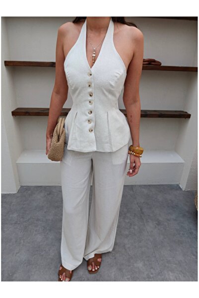 ESRAHELVACI Halter Neck Strapless Backless Linen Suit