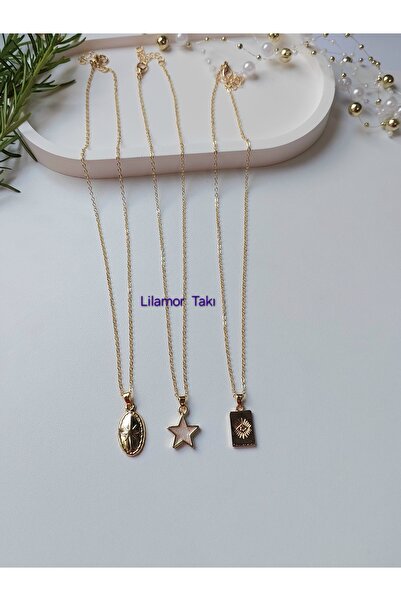 Lilamor 3'lü Gold Renk Kutup Yıldızı,Yıldız,Göz Kombin Kolye