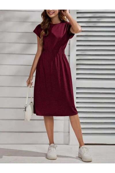 ARONA Women's Short Sleeve Crew Neck Midi Viscose Dress with Elastic Waist