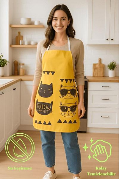 MODALİN Cool Cat Kitchen Apron with Glasses Cat Pattern, Liquid Proof Fun Design
