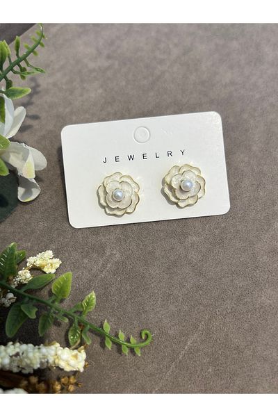 BEREN KILIÇ Gold Cream Steel Earrings with Rose Motif and Pearl Detail