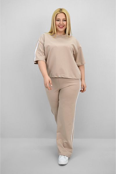 Koza Butik Women's Plus Size Stripe and Waist Drawstring Detail Short Sleeve Tracksuit Set 8197-25