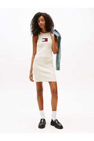 Tommy Jeans TJW FLAG SWEATER MINI DRESS EXT Kadın Beyaz Elbise DW0DW20877YBL