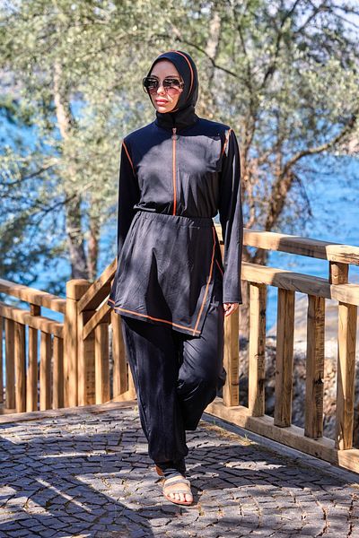 NS TASARIM MAYO Orange Striped Design Hijab Jumpsuit Swimsuit with Lycra Modular Skirt