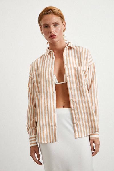 Never more Multi Striped Pocket Shirt Camel