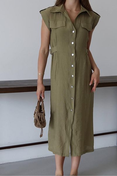 Neşeli Butik γυναικείο φόρεμα με λεπτομέρεια με κουμπιά στο πλάι με λεπτομέρεια midi με τσέπη NBNP001