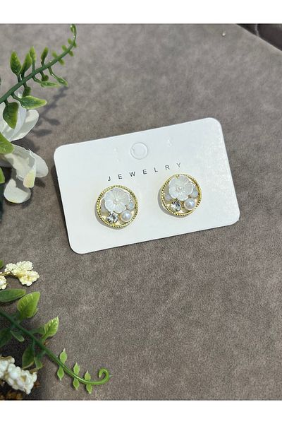 BEREN KILIÇ Minimal Flower and Pearl Detailed Steel Earrings