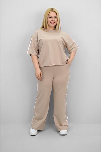 Koza Butik Women's Plus Size Stripe and Waist Drawstring Detail Short Sleeve Tracksuit Set 8197-25