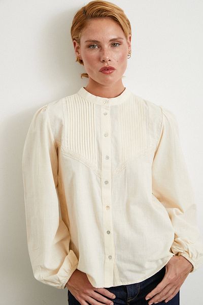 Never more Ribbed Lace Detailed Shirt Cream