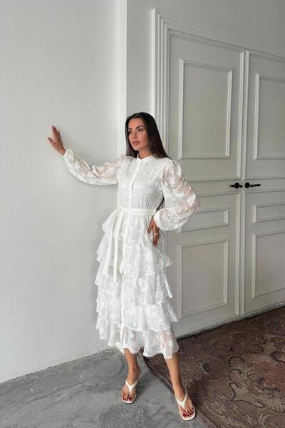 Genel Markalar Beyaz Valonlu Şeritli Kat Kat Elbise