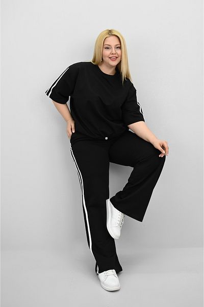 Koza Butik Women's Plus Size Stripe and Waist Drawstring Detail Short Sleeve Tracksuit Set 8197-25