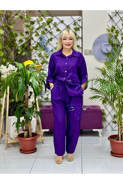Punta Otantik Pt1375 Sequin Sequin Italian Linen Suit Purple