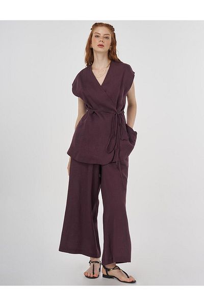 Kayra 100% Linen Vest Suit Claret Red