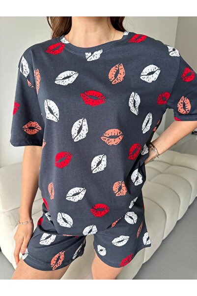 LETS BASIC Organic Cotton Lip Printed Short Sleeve Shorts Women's Pajama Set