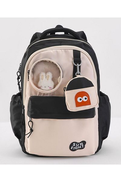 Bonfino Bonfino Backpack with Coin Purse, Adjustable Shoulder Strap, Black and Beige - 19 Inches