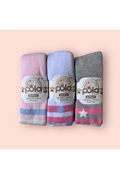 Pola Kız Bebek Poposu Desenli Kalın Kışlık Havlu Külotlu Çorap 3'lü