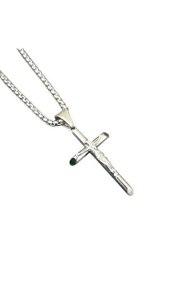 Tessero Cubic Design Necklace with Jesus Christ Cross Pendant, Stainless Steel, 24K Gold-Plated, Silver