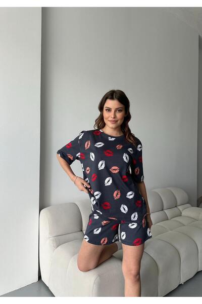 LETS BASIC Organic Cotton Lip Printed Short Sleeve Shorts Women's Pajama Set