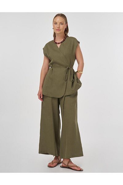 Kayra 100% Linen Vest Suit Khaki