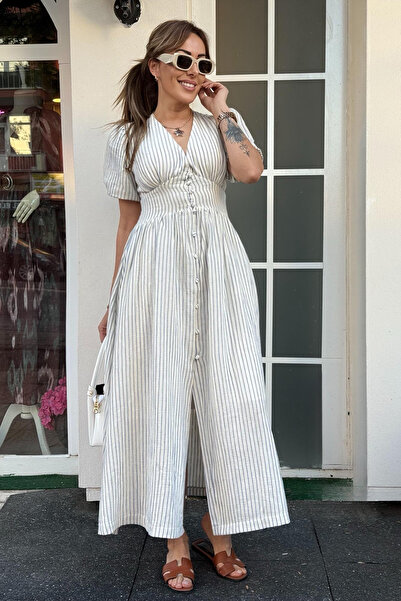 Neşeli Butik Women's Chigil Button Balloon Sleeve Dress Nbnp008