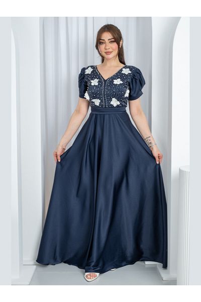 Nice Model Navy Blue Pearl Embroidered Puff Sleeve Maxi Evening Dress Formal Gown Wedding Guest Outfit