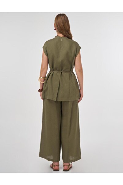 Kayra 100% Linen Vest Suit Khaki