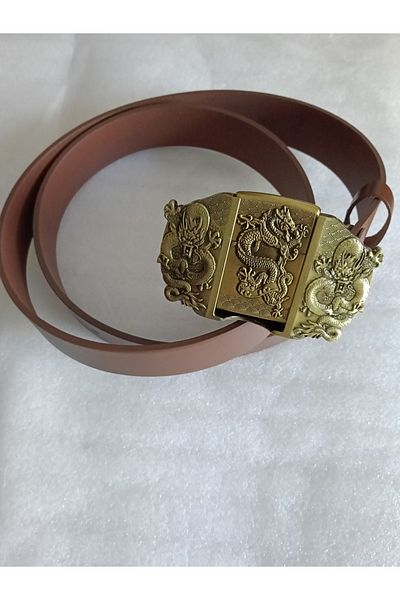Butik Tülin Unisex Authentic Genuine Cowhide Coffee Bronze 3 Dragon Lighter Cowboy Buckle Belt Thailand